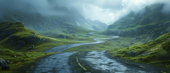 Fototapeta premium A mountain road among green hills, fog and clouds above the peaks. Inspiring for travel, articles about nature, tourist guides.