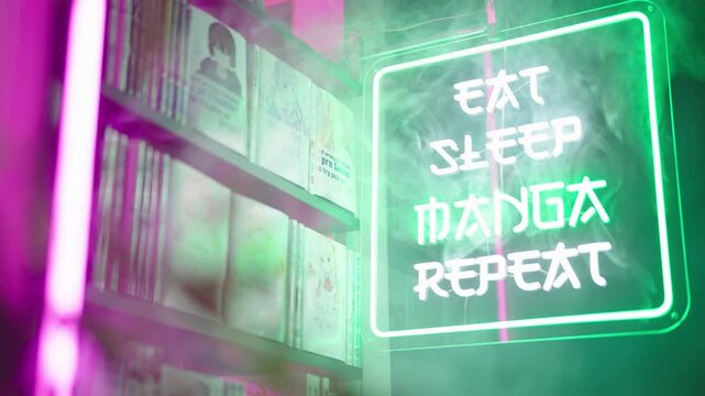 Futuristic neon sign beside manga comics shelf Eat Sleep Manga Repeat 4K