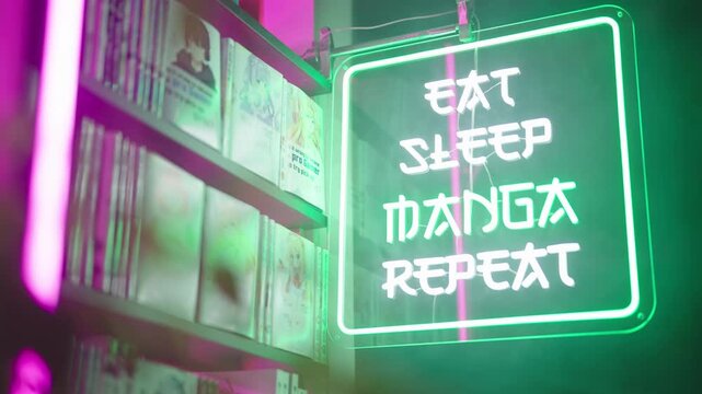 Futuristic neon sign beside manga comics shelf Eat Sleep Manga Repeat 4K