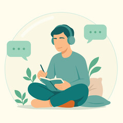 Introvert man contained in his own world – peaceful journaling and mindfulness illustration
