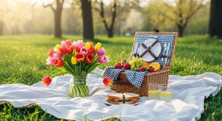 Picnic basket with fresh fruit sandwiches and tulips on a white blanket in a sunny spring park idyllic outdoor scene