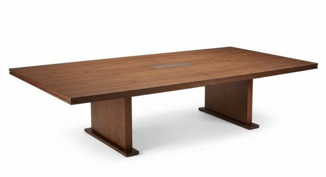 Rectangular wooden meeting table rests isolated against a clean white background