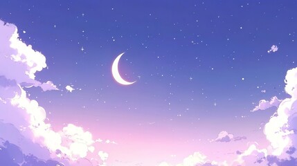 Fototapeta premium Dreamy night sky with crescent moon, stars, and fluffy clouds, ideal for romantic projects, illustrations, and serene designs, create a magical ambiance