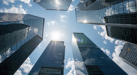 Looking Up At Modern Skyscrapers Under A Bright Blue Sky