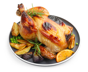 Tasty grilled chicken with rosemary and vegetables isolated on white