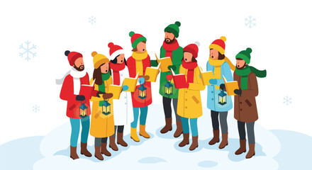 A cheerful group of carolers, bundled in winter attire, sing carols outdoors in a snowy landscape, illuminated by lanterns, celebrating the holiday season with joy and togetherness.