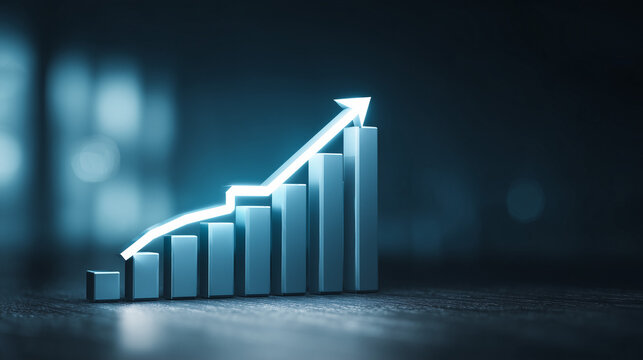 Gráfico com barras brancas e seta dourada ascendente destaca crescimento de mercado, alta de desempenho, metas alcançadas e resultados positivos, simbolizando evolução econômica