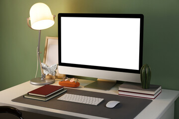Fototapeta premium Stylish workplace with computer and grey mat on desk in office, closeup
