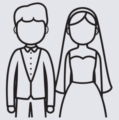 deep outline cute cartoon bride and groom silhouette vector art illustration, vector illustration of a couple