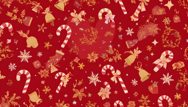“Vector Christmas pattern with candy canes, snowflakes, stars, and bells — seamless design, red and gold tones.” - Powered by Adobe