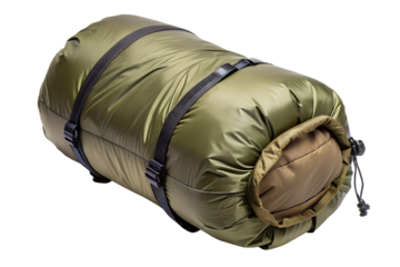 A tightly rolled olive green sleeping bag with black straps secured for compact storage and easy transport isolated on transparent background