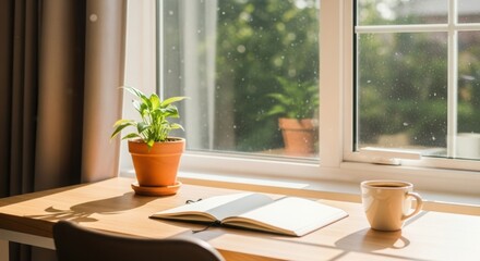 Cozy workspace with a plant a book and a cup of coffee by the window perfect for a relaxing morning or study session