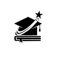 A creative education logo featuring a graduation cap on a book with a shooting star, symbolizing knowledge, success, achievement, and academic excellence in modern style.