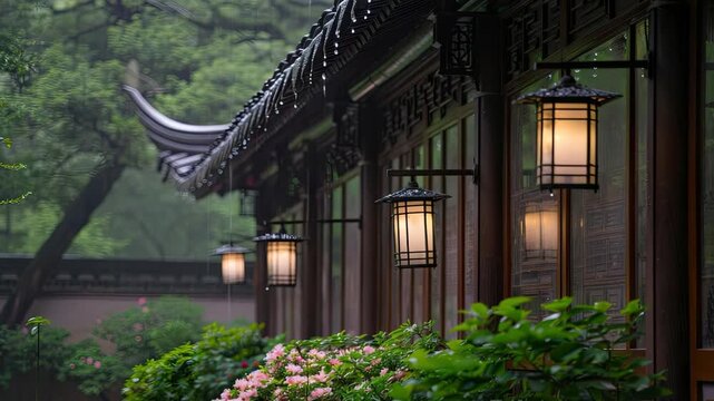 Traditional architecture harmonizes with a lush garden, creating a calming ambiance enhanced by soft lantern lighting on a rainy day