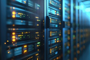 Modern IT data server racks with glowing yellow and green lights in a futuristic corridor, ideal for AI cloud computing visuals, network infrastructure, or cybersecurity themes