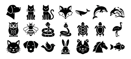Charming solid filled tiny animal tattoo icon set featuring cat dog fox whale dolphin owl snake and bee designs for creative projects