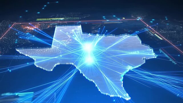 Dynamic 3D animation of Texas map with glowing blue data connections converging at a central hub. Holographic interface visualizing a global digital network in a sleek futuristic design. 4k video
