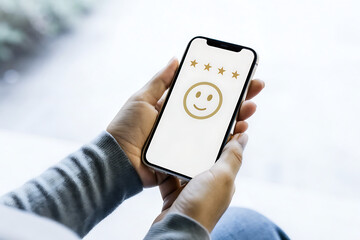 Close up of hands holding a modern smartphone displaying a happy smiley face emoji and notification icons on a bright blurred background