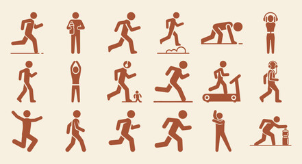 Solid black filled icon set illustrating various runner activities perfect for fitness apps sports websites and health related designs