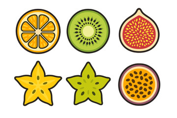 Set of six different sliced exotic fruits: orange, kiwi, fig, star fruit, and passion fruit