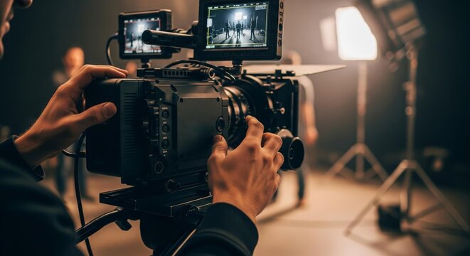 Filmmaker operating professional camera on film set.