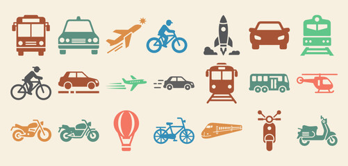 Comprehensive collection of solid filled transportation icons featuring cars bicycles airplanes and trains in various vibrant colors for diverse design projects
