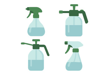 Set of clear plastic spray bottles and pressure pump containers for cleaning and gardening liquids