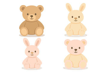 Adorable sitting plush teddy bears and soft toy bunnies for baby shower or nursery