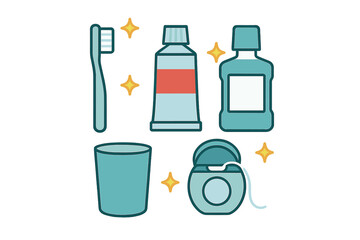 Essential oral hygiene products set including toothbrush, toothpaste, mouthwash, dental floss, and rinsing cup for daily dental care