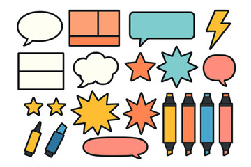 Colorful collection of speech bubbles, starburst shapes, and marker pens for design elements