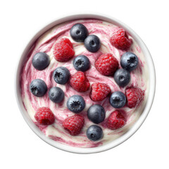 A healthy breakfast bowl of creamy yogurt swirled with berry puree topped with fresh blueberries and raspberries