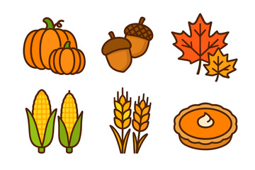 Colorful autumn harvest symbols including pumpkins acorns maple leaves corn wheat and pie