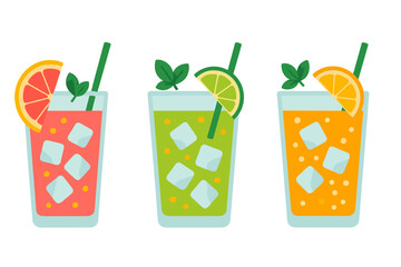 Three refreshing summer drinks with ice cubes and fruit slices in tall glasses