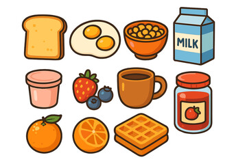 Colorful collection of delicious morning meal ingredients and beverages on white background