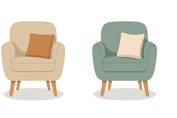 Fototapeta premium Two comfortable upholstered armchairs featuring wooden legs and contrasting throw pillows