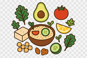 Assortment of fresh vegan ingredients including avocado tomato tofu greens and grains