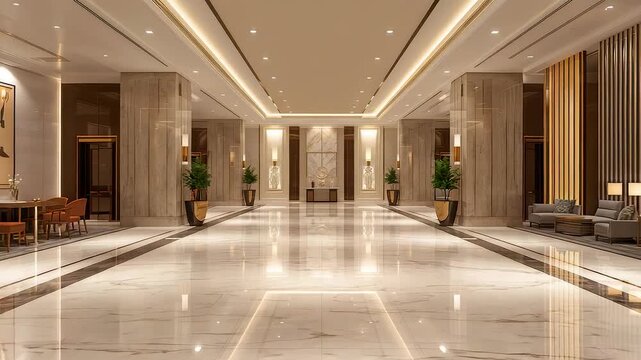 Spacious Luxury Hotel Lobby with Polished Marble Floor and Elegant Columns