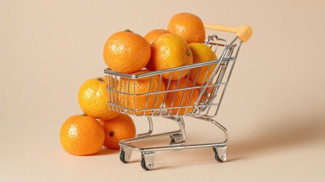 fresh tangerines in miniature shopping cart