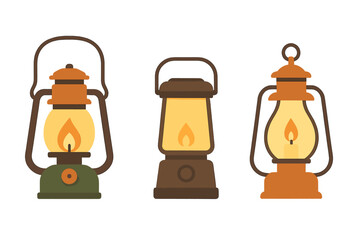 Collection of three different vintage camping lanterns providing warm light for outdoor adventures