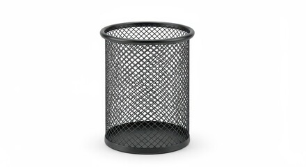 Cylindrical black wire mesh container sits isolated against a bright white background