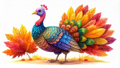 Obraz premium Colorful Illustrated Turkey with Vibrant Feathers on White Background Symbolizing Thanksgiving Celebration Artistic Expression and Editorial Seasonal Branding for Festive and Lifestyle Use