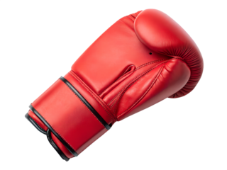 A bright red boxing glove is perfectly isolated on a transparent background, showcasing its sleek design and readiness for sport activity.