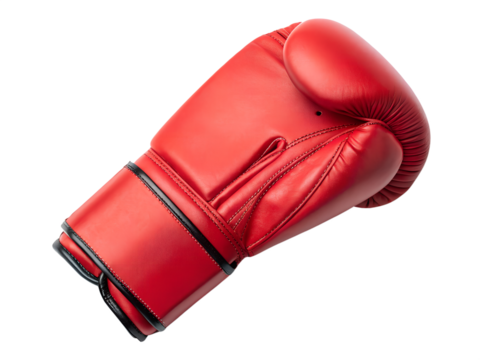 A bright red boxing glove is perfectly isolated on a transparent background, showcasing its sleek design and readiness for sport activity.