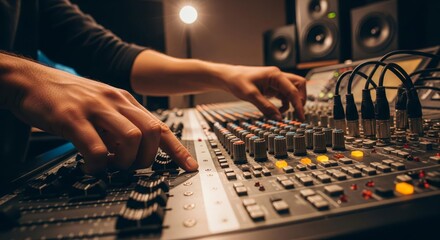 Hands Adjusting Audio Mixer in Recording Studio