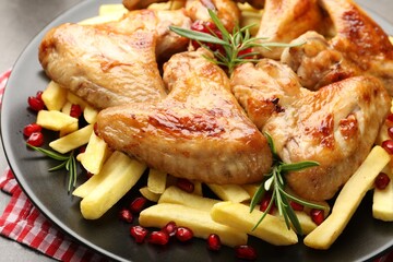 Delicious grilled chicken wings with french fries, pomegranate seeds and rosemary on table, closeup
