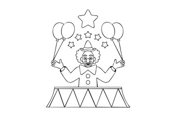 Happy clown holding balloons on a circus stage isolated on white background