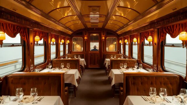Elegant vintage train dining car interior with wooden tables, lamps and ocean view through arched windows