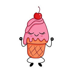 Cute pink ice cream cone character sitting in meditation pose with cherry topping. Fun and peaceful cartoon vector illustration for summer design and stickers.