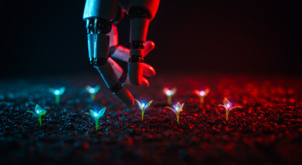A robotic hand gently tends to a cluster of glowing, futuristic plants, illuminating the innovative fusion of technology and nature.