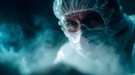 Focused scientist wearing full protective gear including mask and goggles works in a dimly lit misty laboratory setting